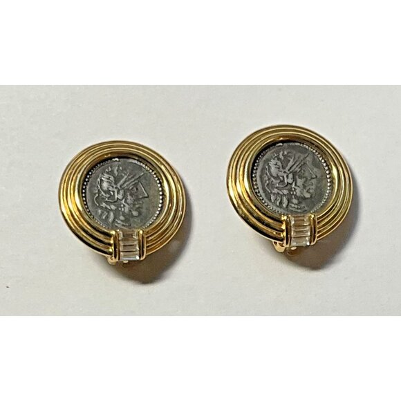 TAT Ancient Roman Clip On Earrings Greek Faux Coin Baguette Rhinestone Gold Tone - Picture 2 of 4